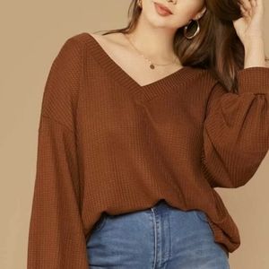 Plus V Neck Drop Shoulder Waffle Knit Top